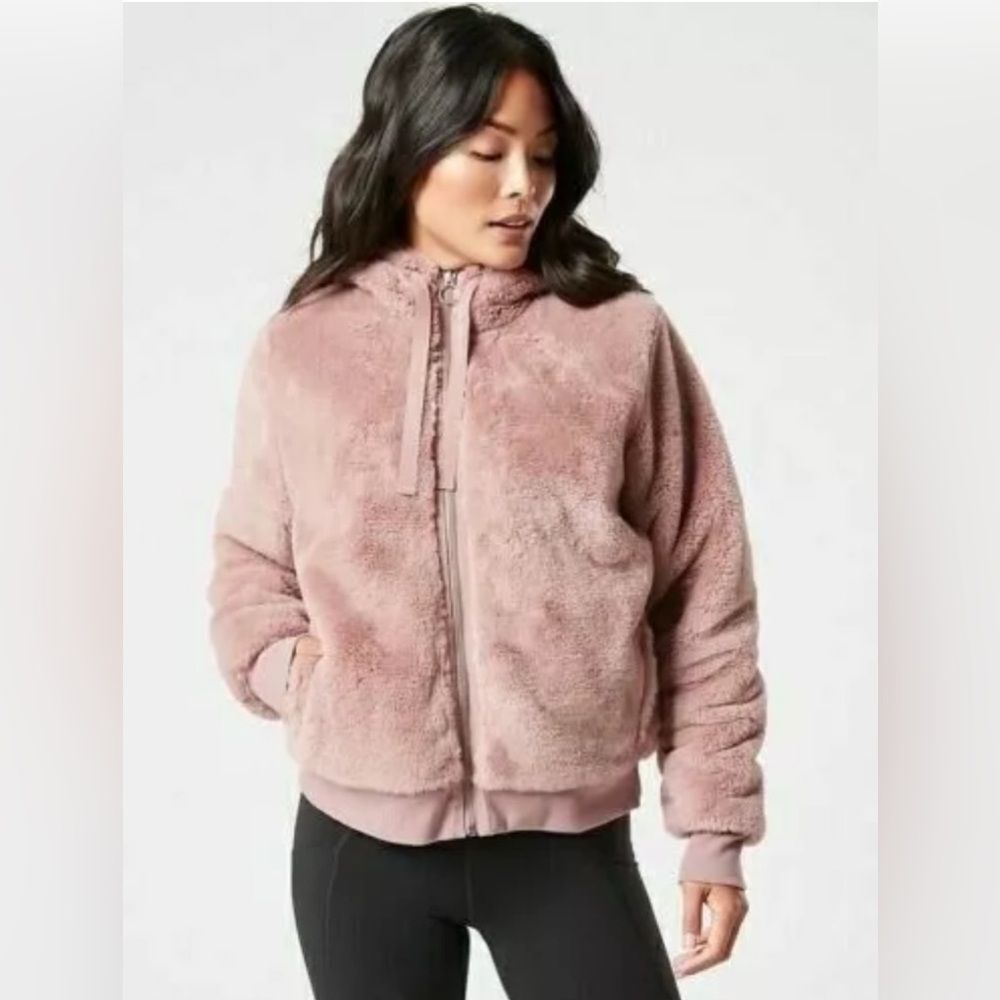 Athleta Ritual Faux Fur Teddy Jacket S Hooded Full Zip Mauve Pink Sherpa Coat
